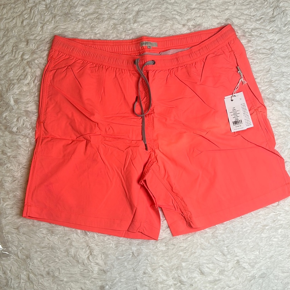 Onia Charles Trunk 7” Neon Coral Italian Stretch Mens Swim Trunks - Picture 2 of 11